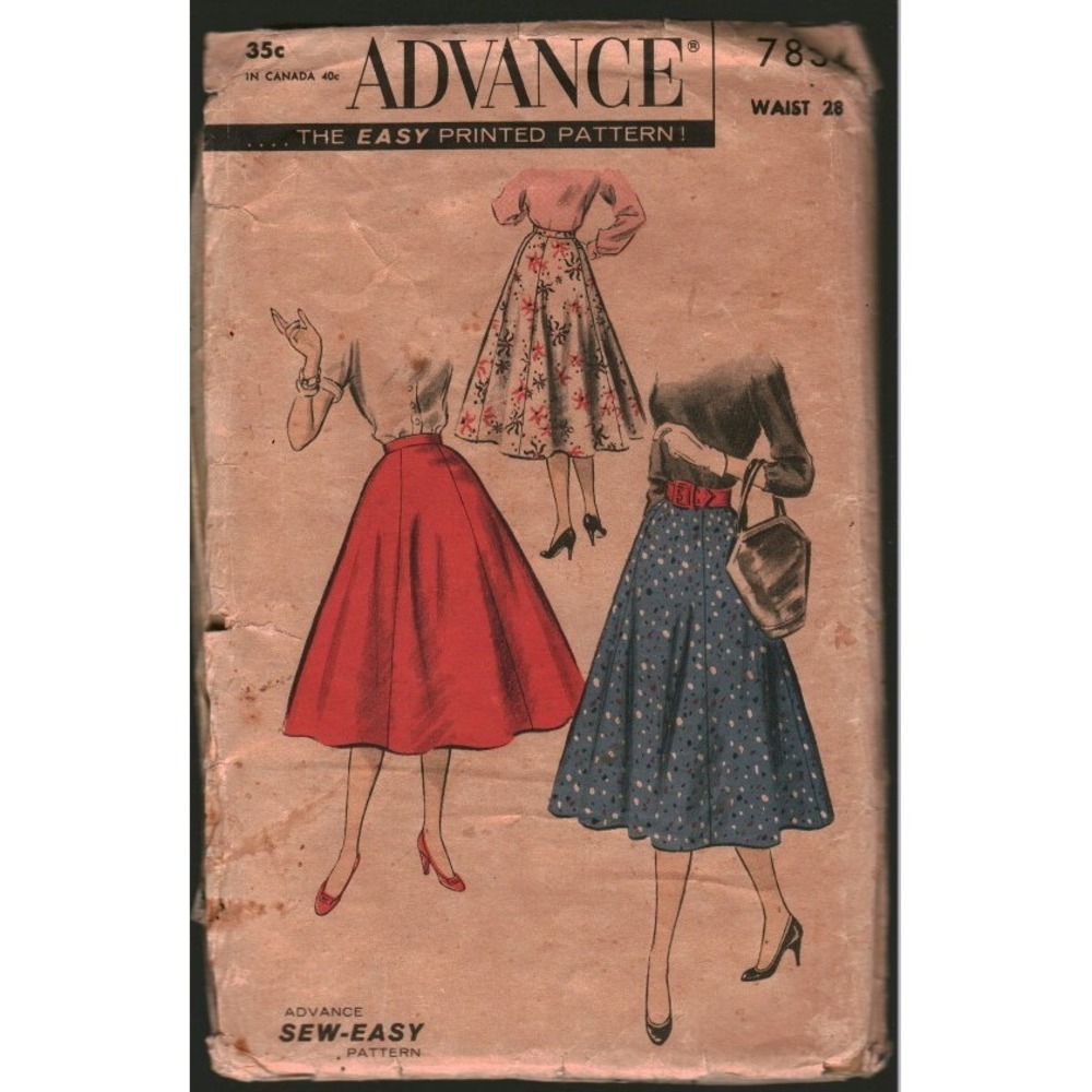 Vintage Advance 7834 Sewing Pattern 1950s Misses Six-Gore Skirt Waist 28 Flare